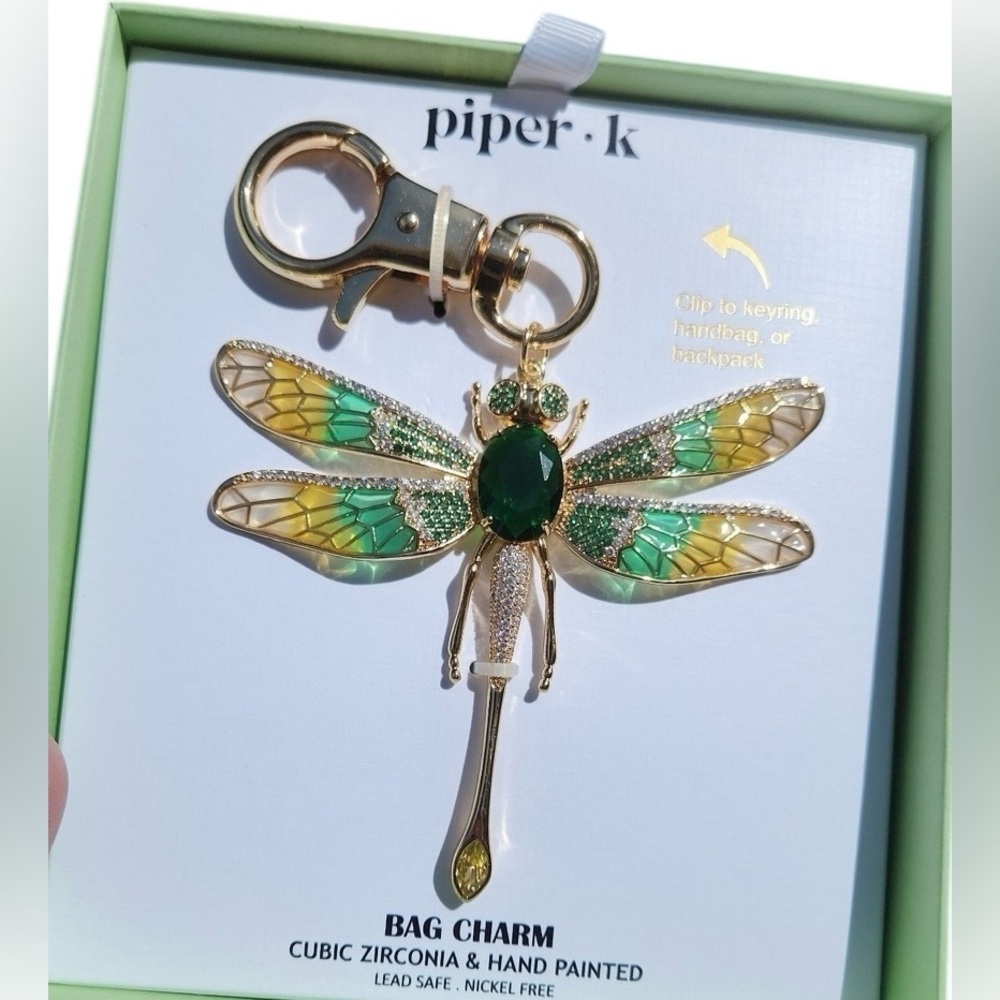 PIPER K Dragonfly Gold Hand-Painted with CZ Articulated Wings Bag Charm NEW NWT - Picture 12 of 15